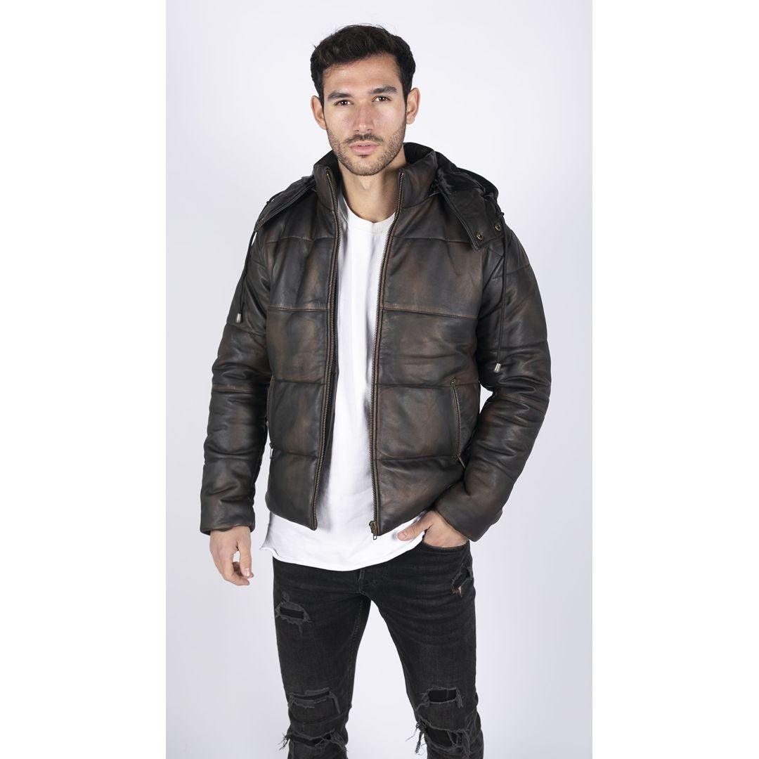 Mens Puffer Hood Jacket Real Leather Black Brown Casual Retro 80s Classic Casual - Knighthood Store