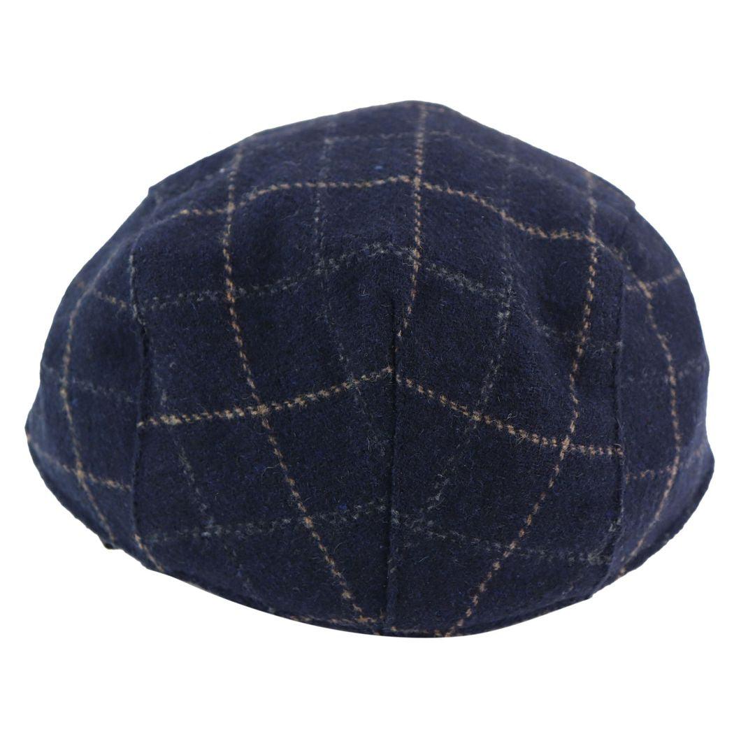 Mens Navy Blue Hat Flat Cap Herringbone Check Vintage Retro Peaky Tweed Grandad - Knighthood Store