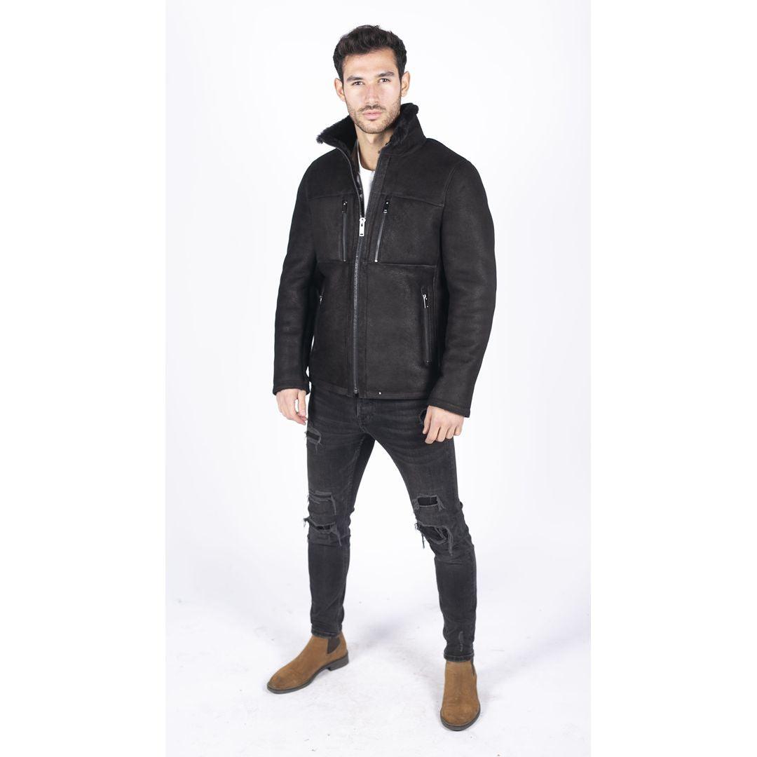 Mens Real Sheepskin Jacket Short Zipped Casual Retro Vintage Black Zipped - Knighthood Store