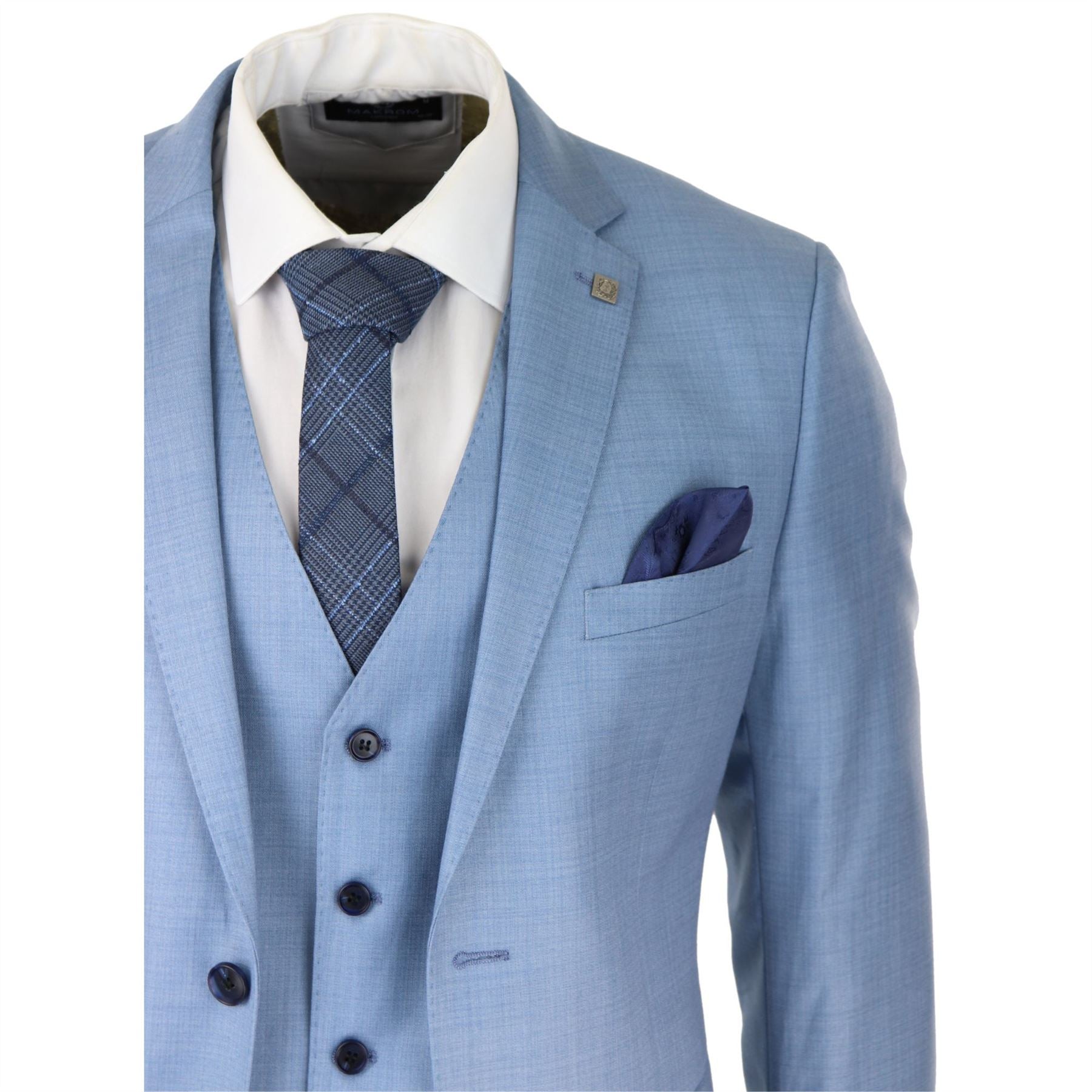 Mens Light Blue Sky 3 Piece Suit Classic Stitch Wedding Summer Prom Classic