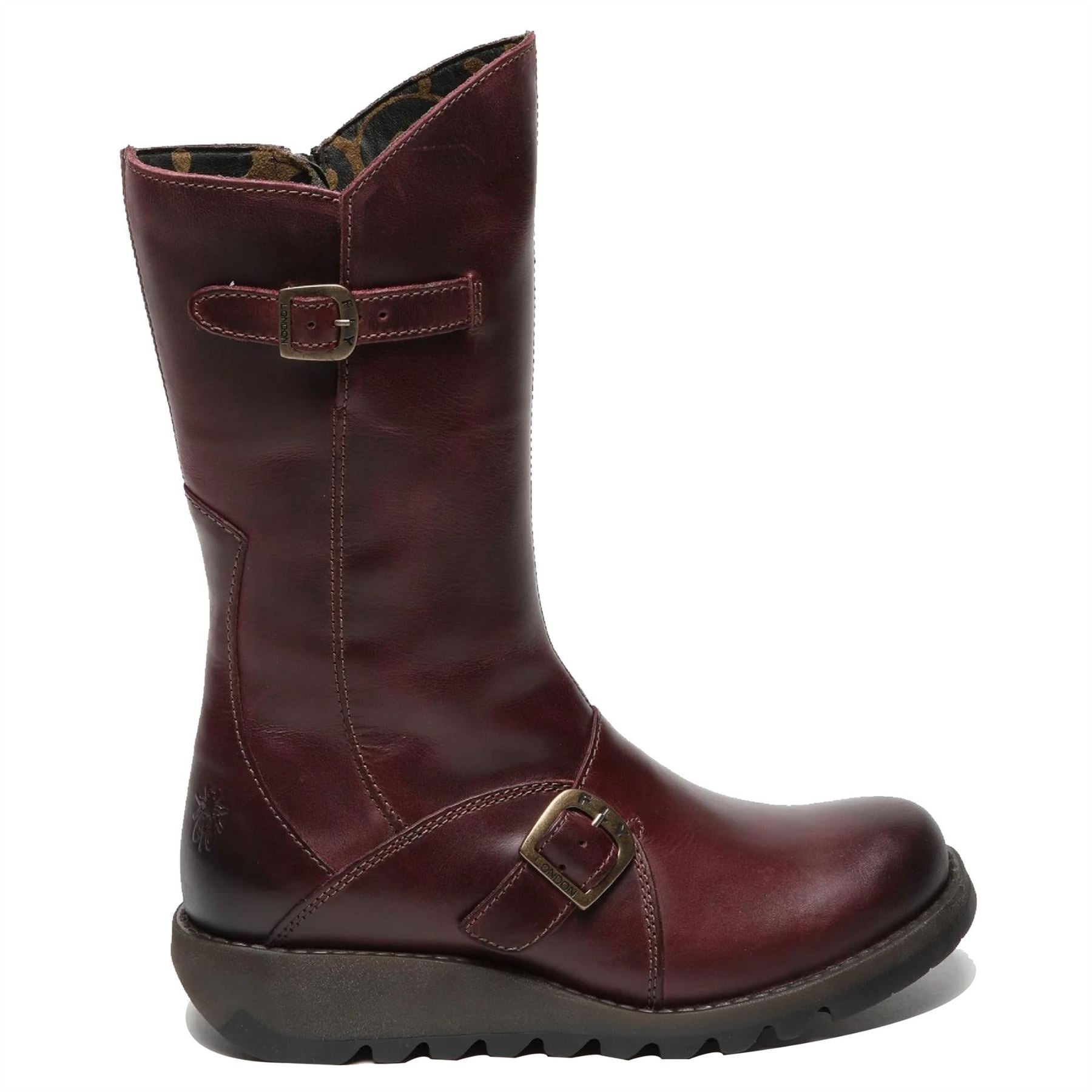 MES2913 - Women's Wedge Heel Buckle Mid Calf Leather Boots