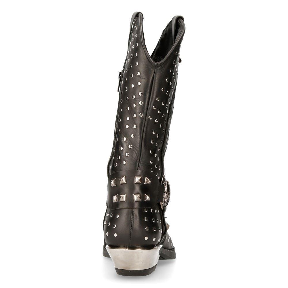 New Rock M-7928-s1 Western Cowboy Boots Black Leather Heavy Biker Silver Studs - Knighthood Store