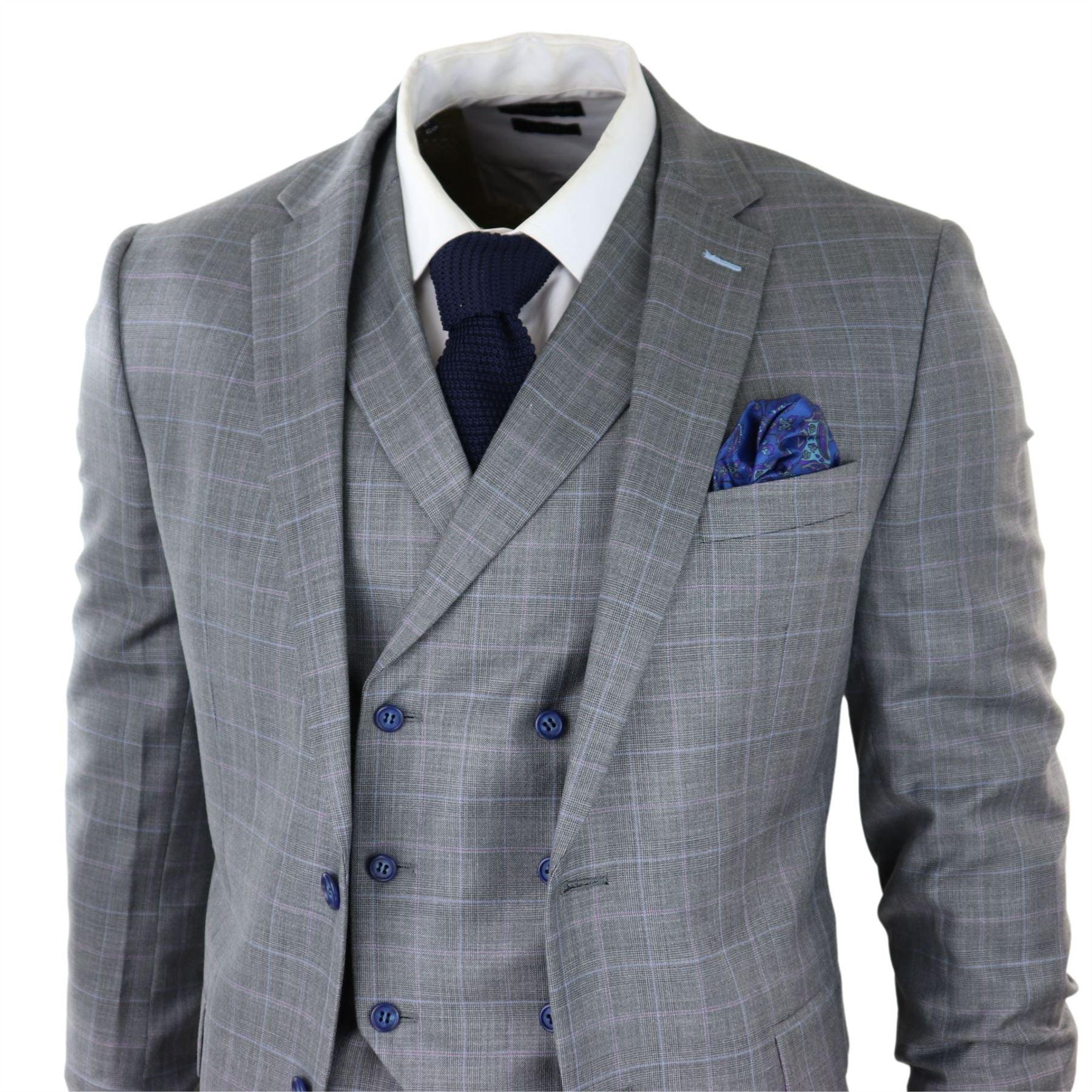 Mens Light Grey 3 Piece Suit Blue Check Double Breast Waistcoat Office Wedding Prom - Knighthood Store