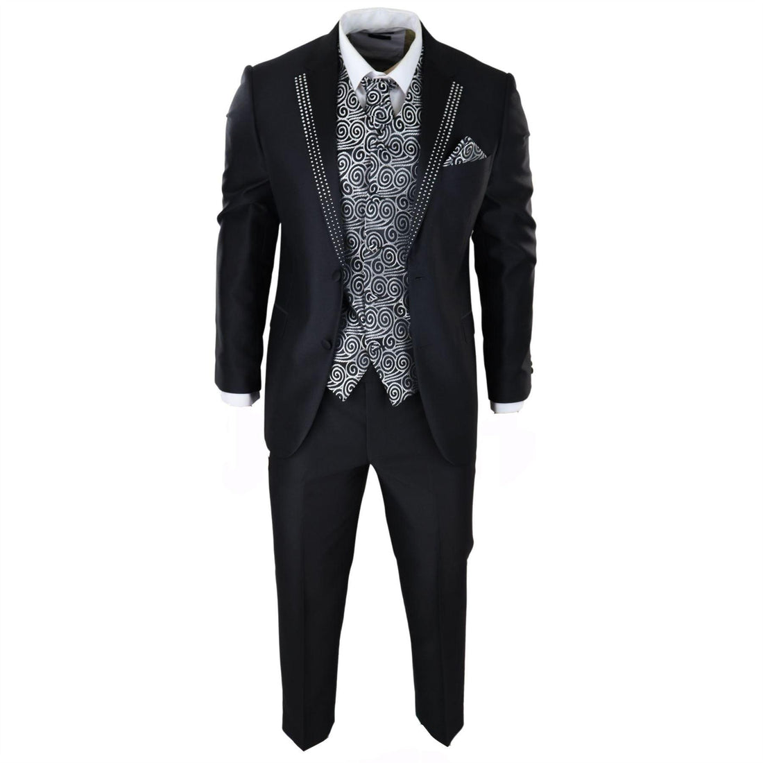 Mens Wedding 3 Piece Black Suit Diamonte Silver Cravat Waistcoat Groom Bestman - Knighthood Store