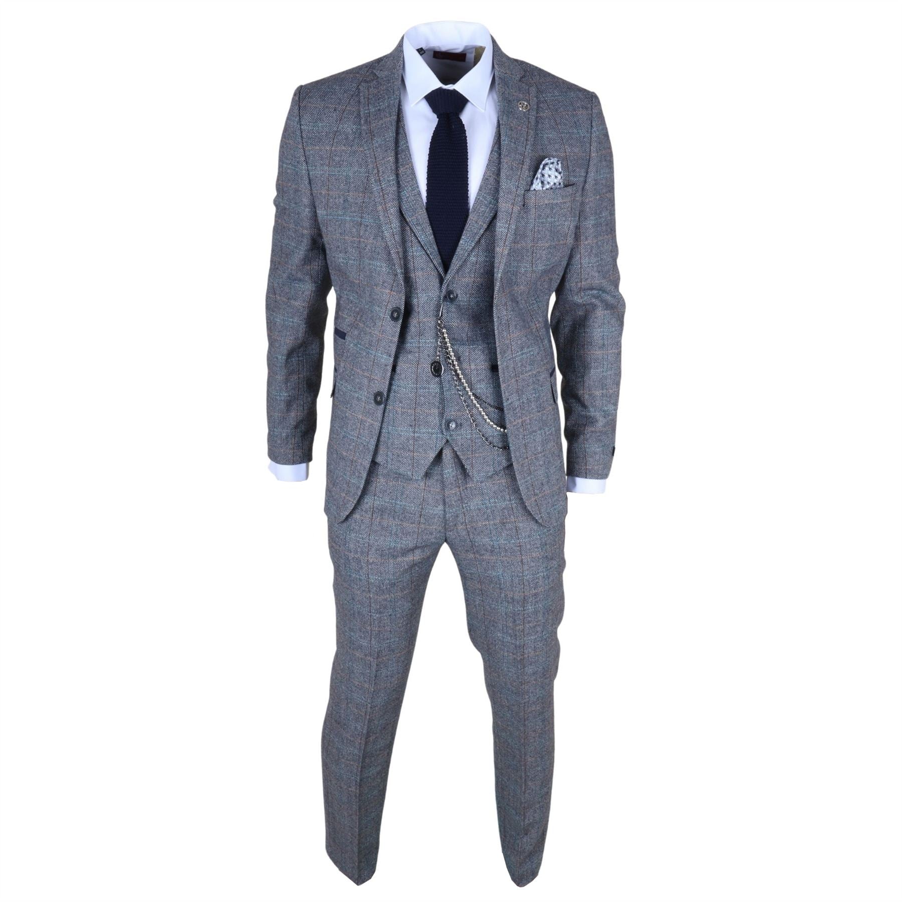 STZ74 - Men's 3 Piece Suit Wool Tweed Light Blue Grey Check