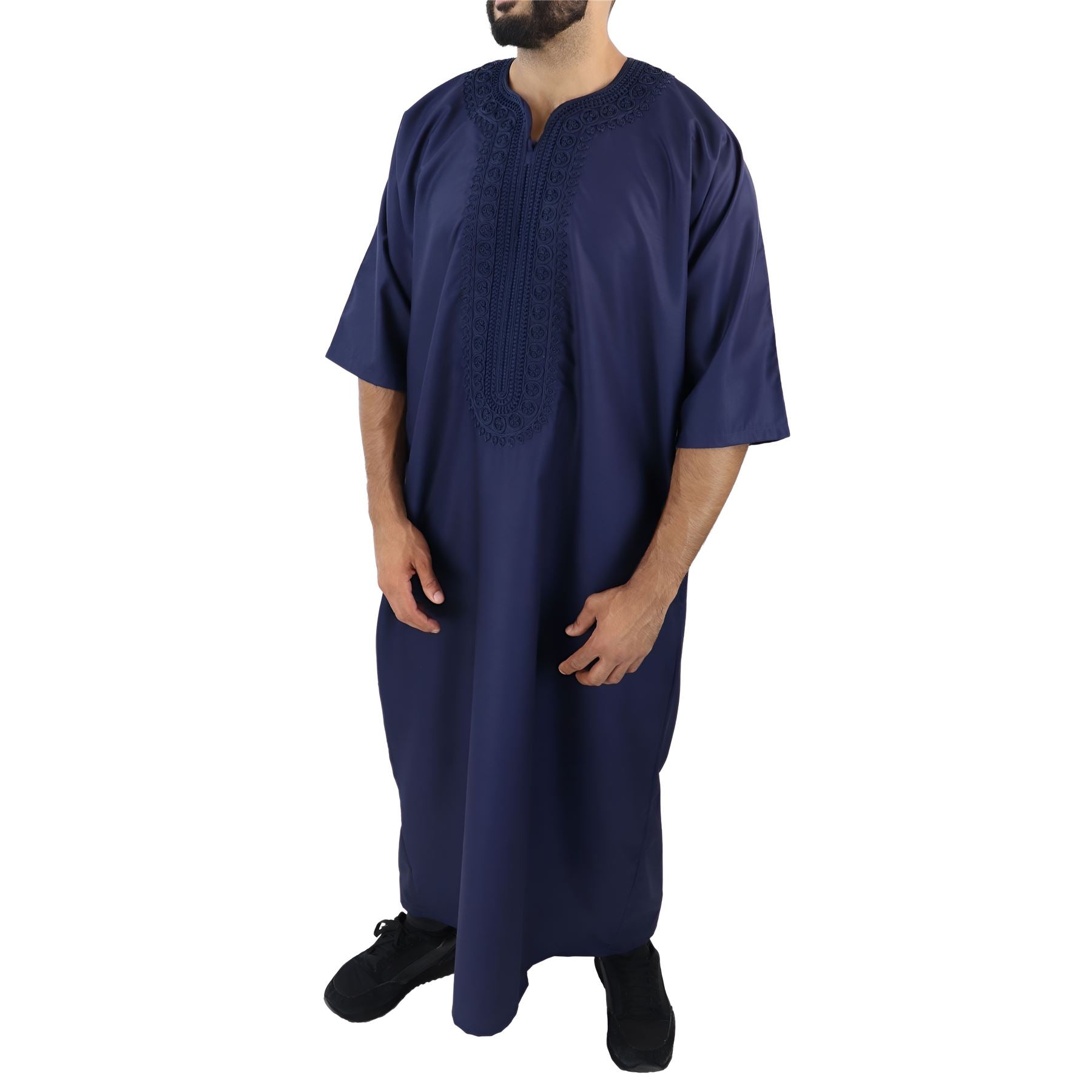 Mens Morrocan Thobe Jubba Islamic Clothing Kaftan Dubai Arabic Robe Half Short Sleeve