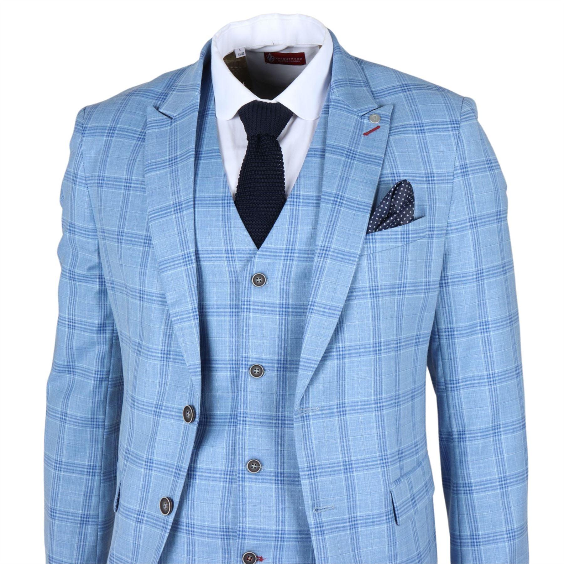 Men's Blazer Light Blue Checked Classic Sport Coat Plaid Tailored Fit - Knighthood Store
