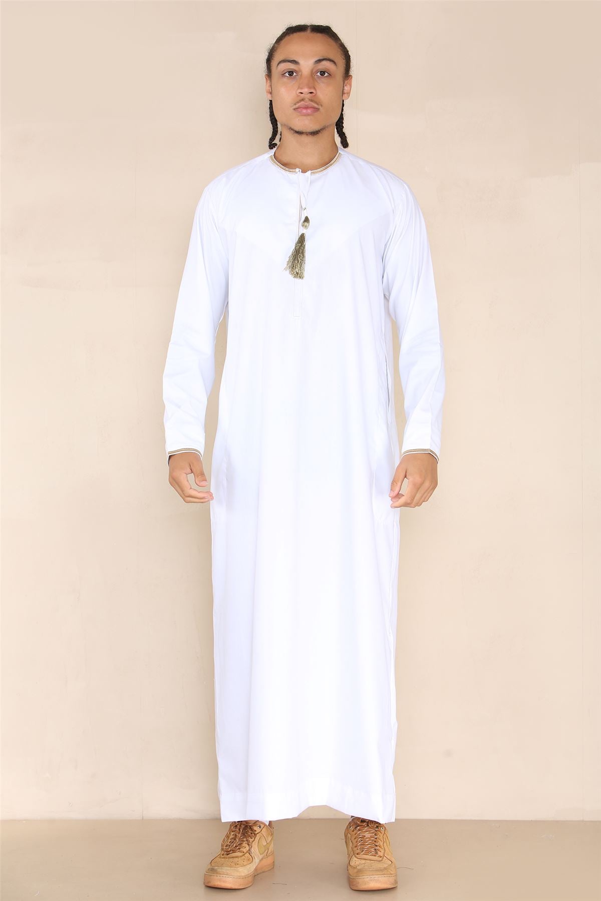 Mens Emirati Omani Thobe Jubba Islamic Clothing Muslim Kaftan Eid Robe Arab String Tassel