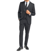 Men's Suit Black 3 Piece Tailored Fit Shadow Stripes Wool Blend Gent Dress