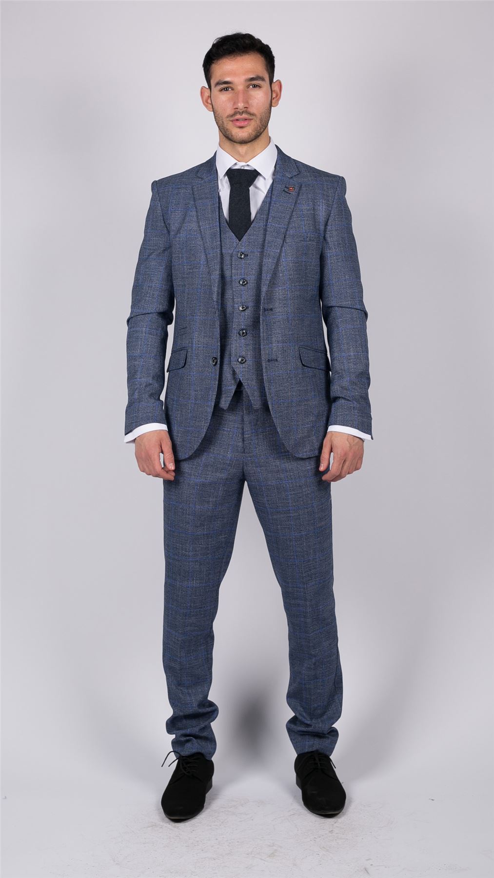 Mens 3 Piece Suit Blue Prince Of Wales Check Tailored Fit Summer Classic Vintage