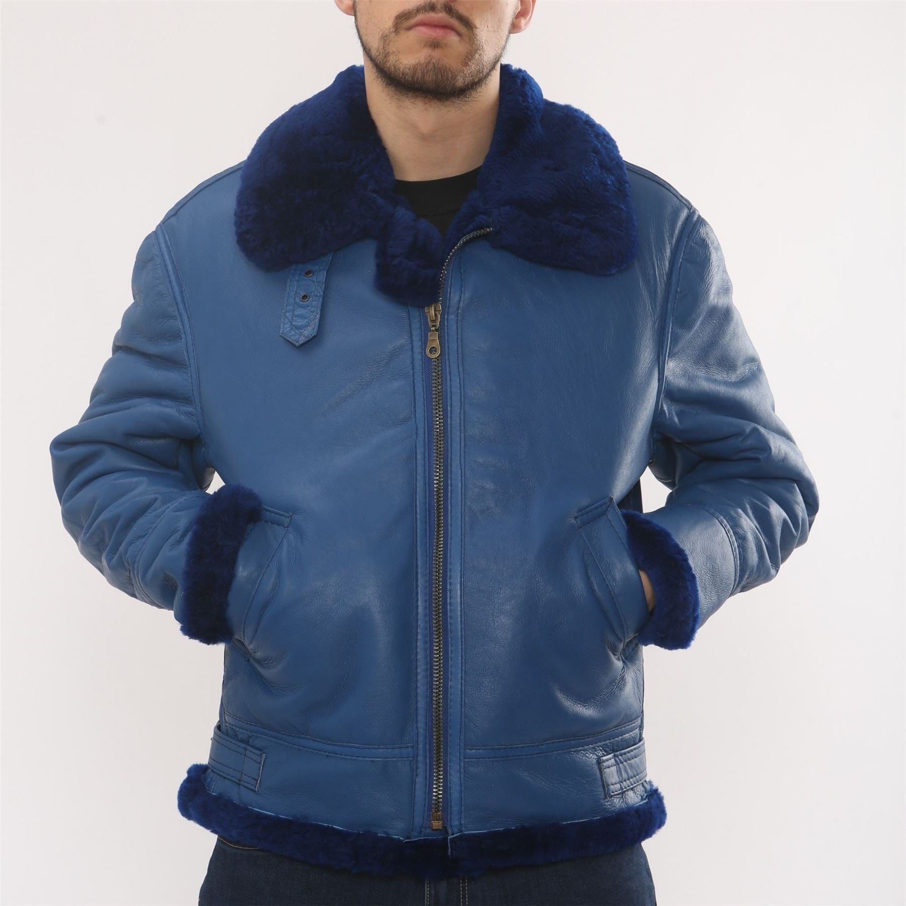 Men's Blue Shearling Leather B3 Aviator Jacket