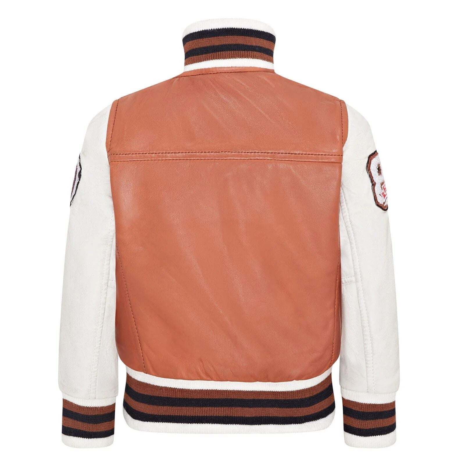 Kids Tan Brown Genuine Leather Bomber Jacket Baseball Letterman Coat