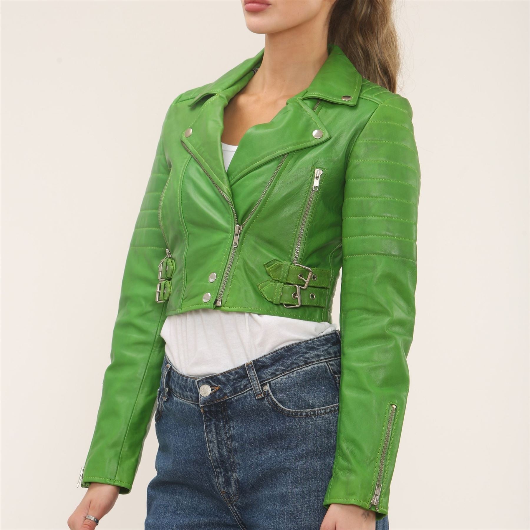Women's Real Leather Short Cropped Length Biker Jacket