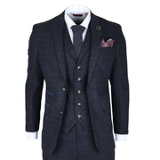 Men's Suit Wool Blend 3 Piece Navy Blue Herringbone Check Tweed Slim Fit Formal Dress