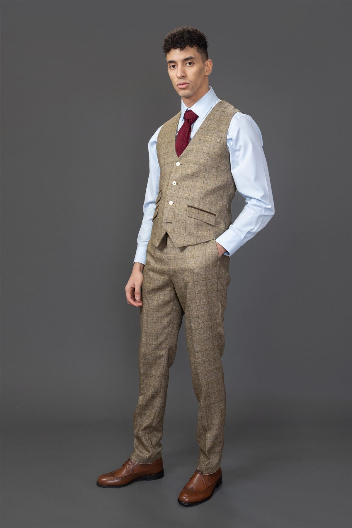 Men's Suit 3 Piece Brown Checked Slim Fit Formal Dress
