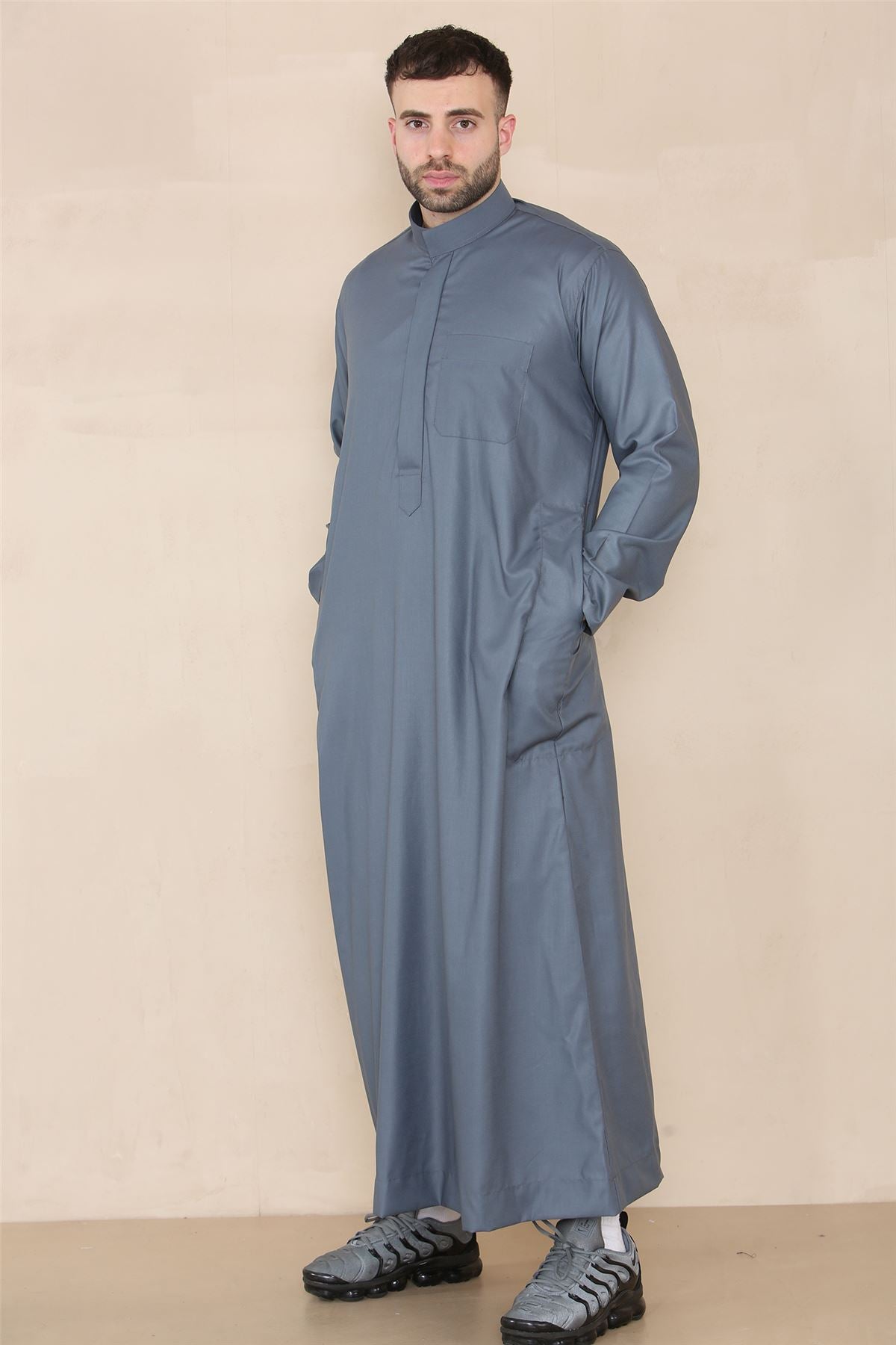 Mens Thobe Jubba Nehru Stand Collar Islamic Clothing Muslim Kaftan Eid Robe Saudi Slim Regular Fit