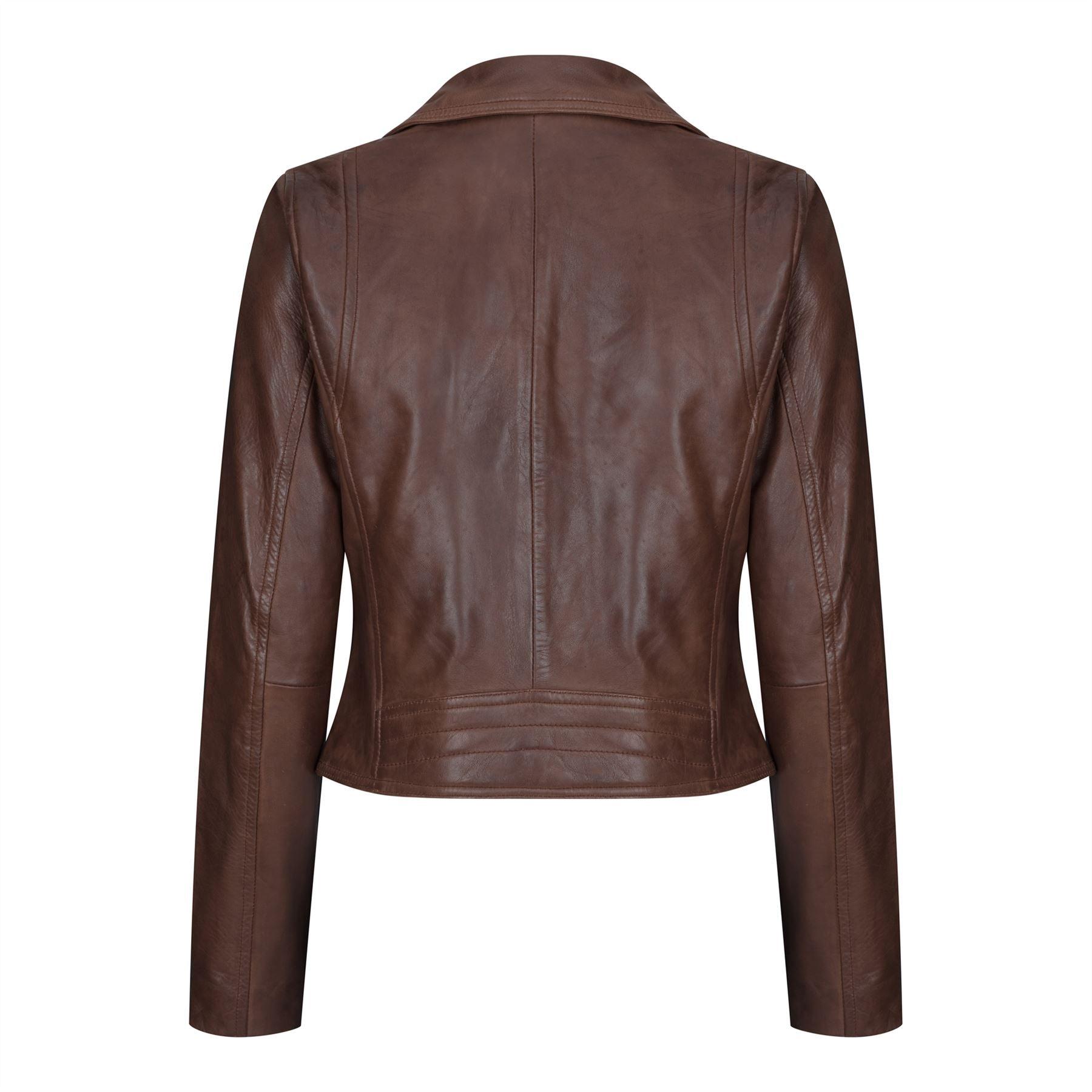 Womens Real Leather Biker Jacket Cross Zip Soft Slim Fit Brando Tan Brown Black Red Yellow - Knighthood Store