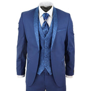 Mens 4 Piece Wedding Suit Groom Shawl Collar Vintage Blue Cravat Tailored Fit