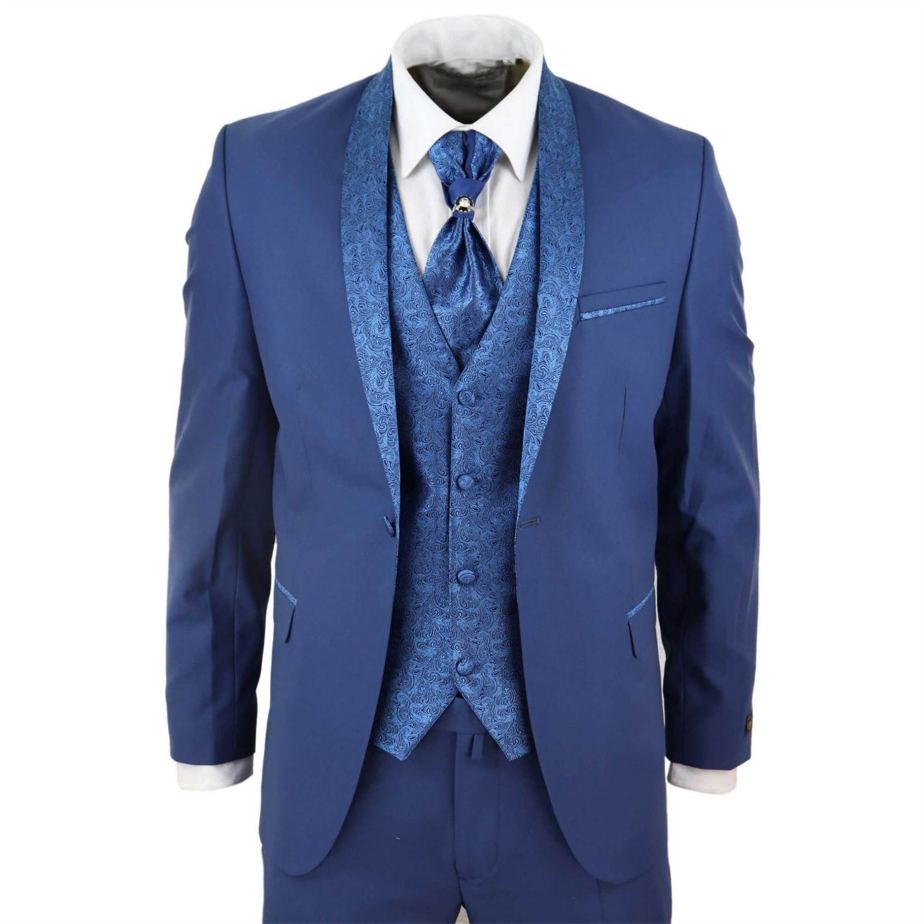 Mens 4 Piece Wedding Suit Groom Shawl Collar Vintage Blue Cravat Tailored Fit