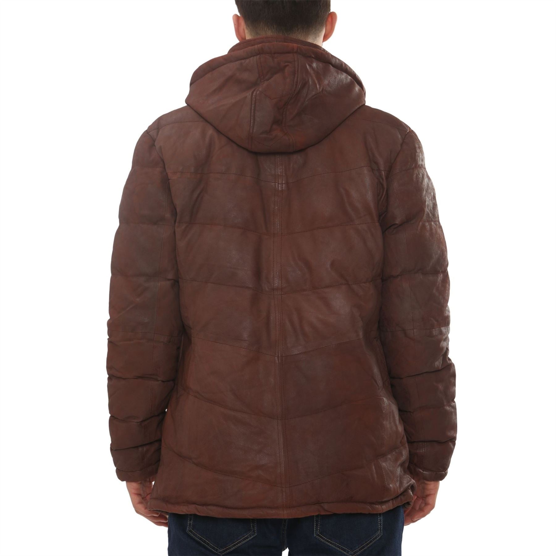 Men's Leather Puffer Jacket Hooded Quilted Winter Coat