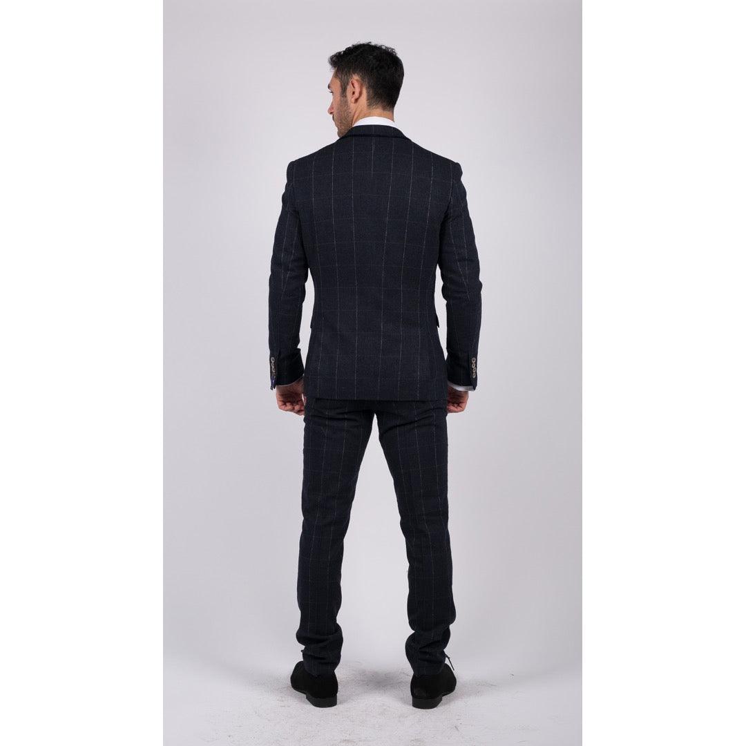 Mens Navy Check 3 Piece Suit Wool Tweed Classic 1920s Vintage Tailored Fit Wedding - Knighthood Store