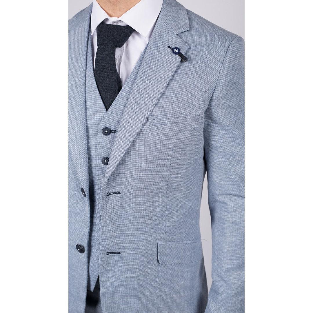 Mens 3 Piece Suit Light Blue Summer Linen Tailored Fit Wedding Prom Classic - Knighthood Store