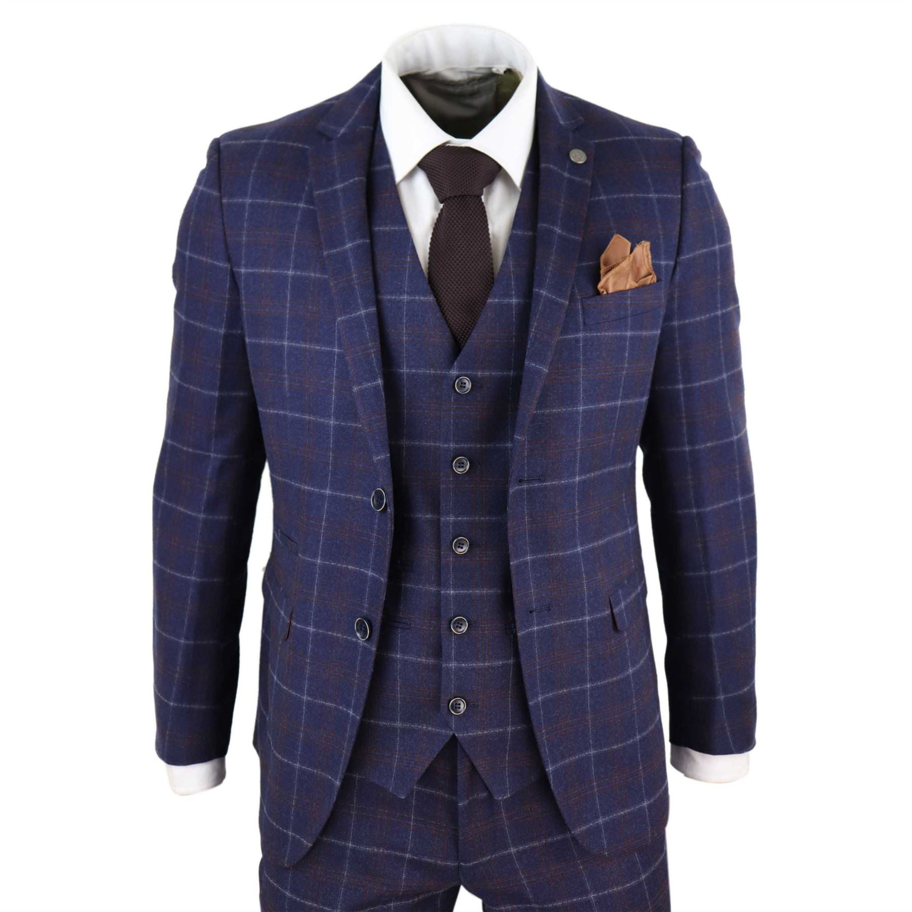 Mens 3 Piece Blue Suit Herringbone Tweed Check Tailored Fit 1920s Wedding Prom