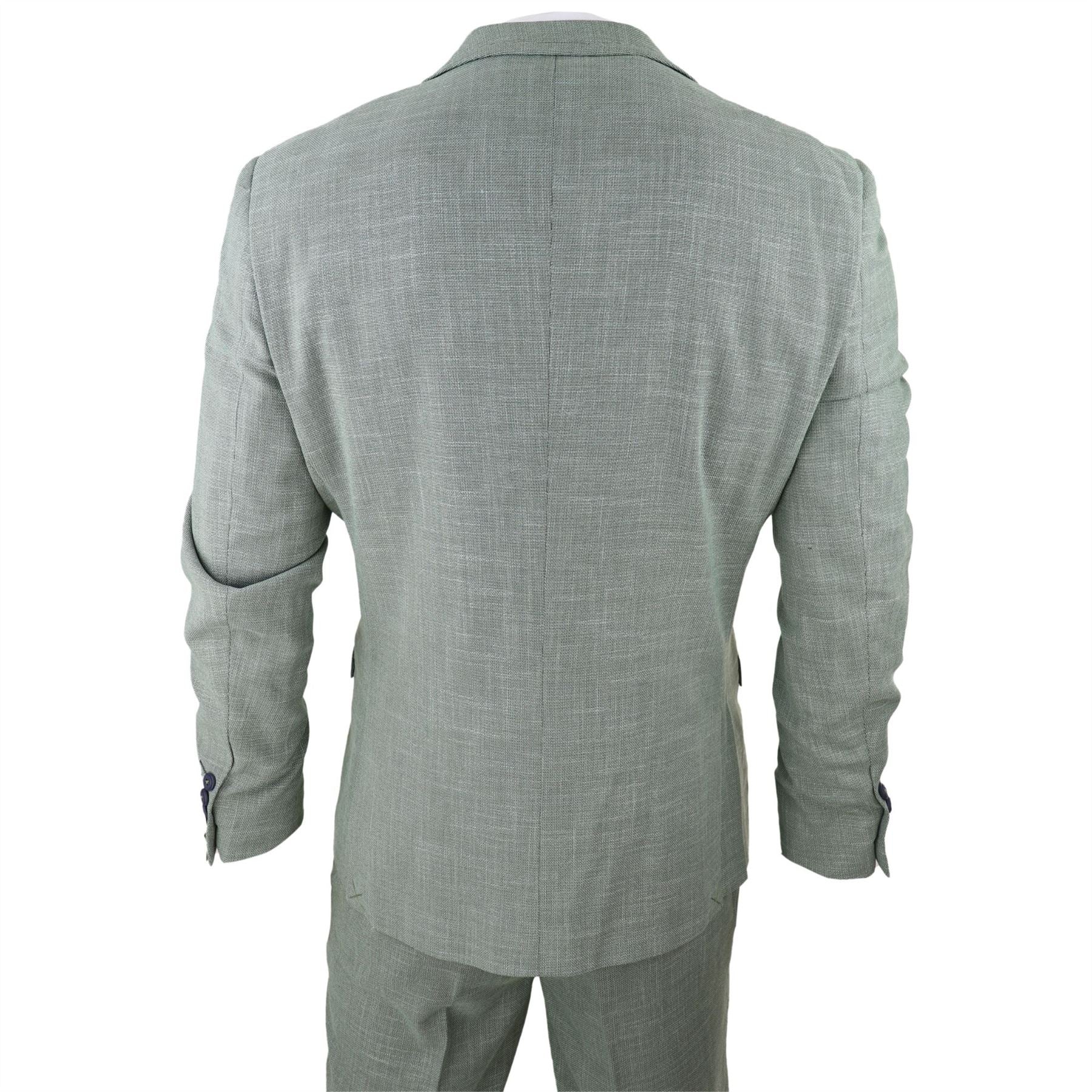 Mens 3 Piece Suit Sage Green Summer Linen Tailored Fit Wedding Prom Classic