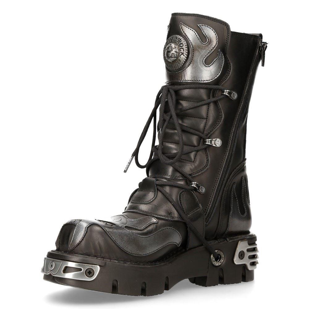 New Rock 107-S2 Black/Silver Gothic Leather Flame Boots - Knighthood Store