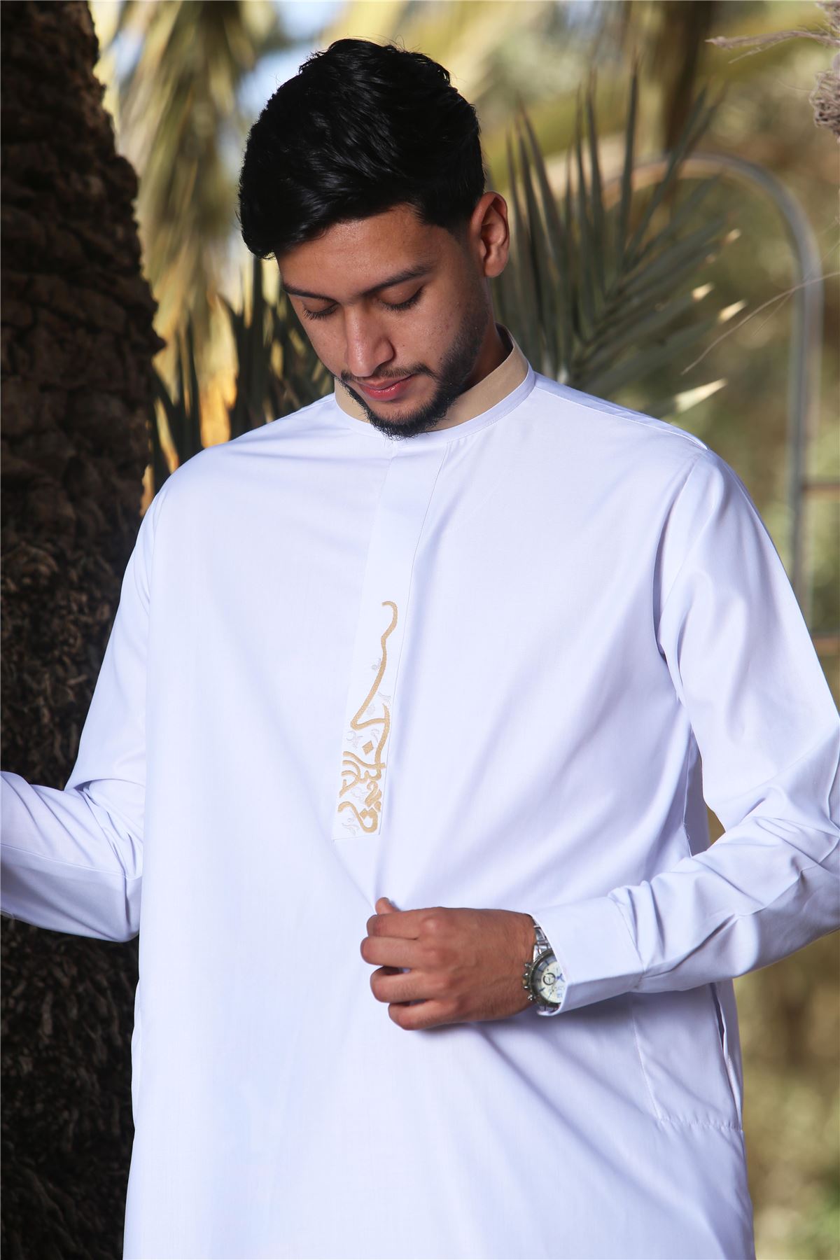 Men's Thobe Jubba Nehru Round Collar Islamic Clothing Muslim Kaftan Embroidery Eid Robe Saudi