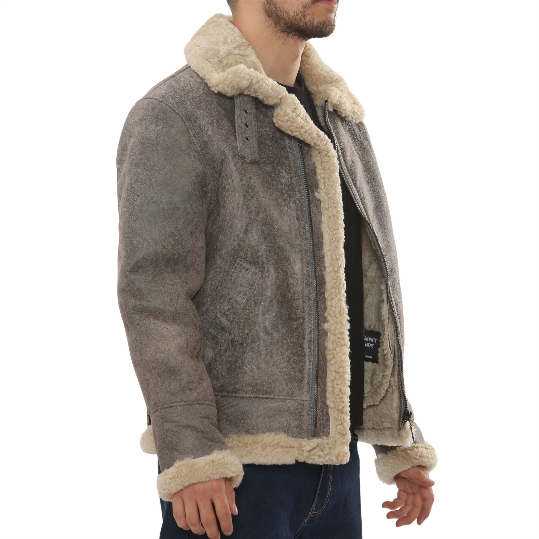Men's Grey Shearling Leather B3 Aviator Bomber Jacket