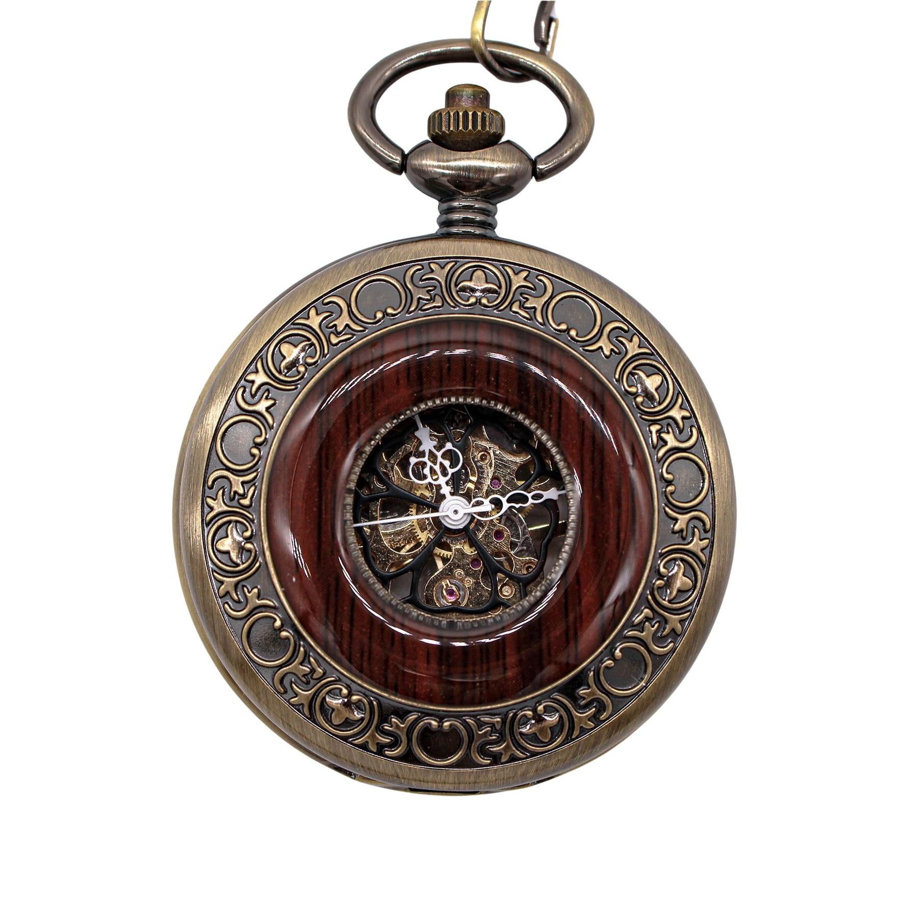 Mechanical Skeleton Half Hunter Vintage Wooden Pocket Watch
