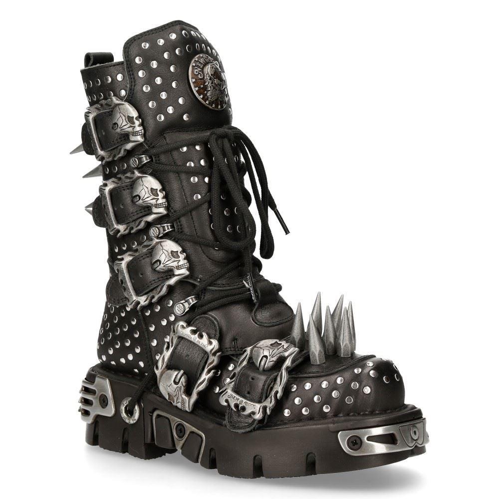 New Rock 1535-S1 Black Leather Military High Boots Metal Spikes Buckles Punk EMO - Knighthood Store