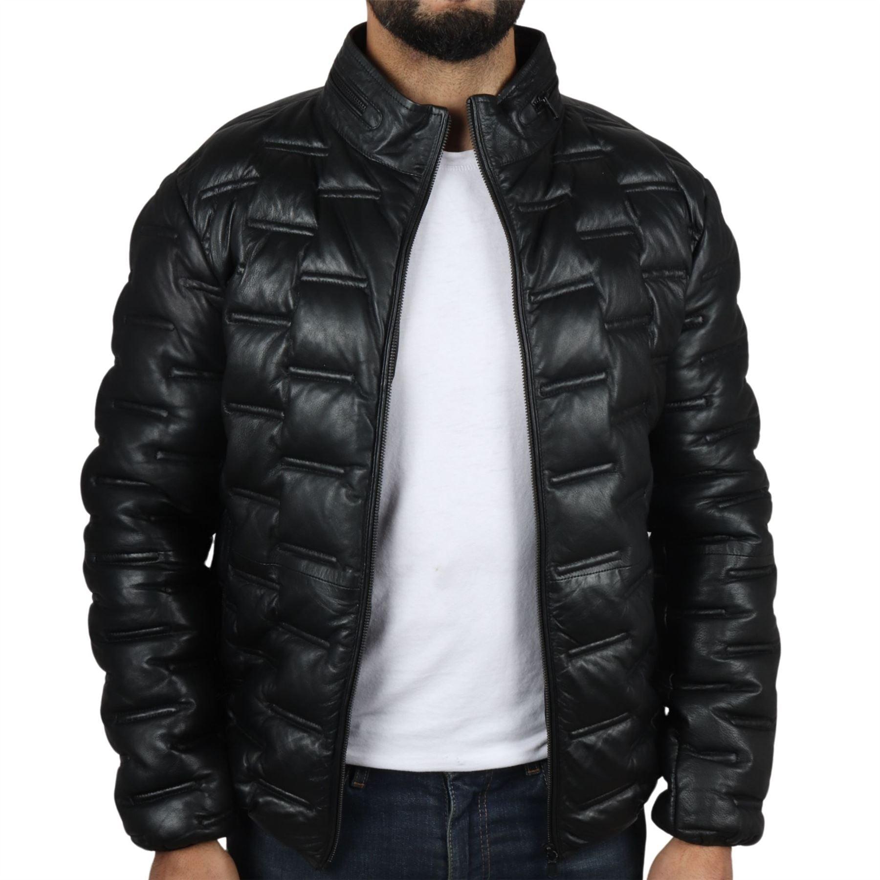 Men's Puffer Quilted Real Leather Jacket Casual Waist Length - Knighthood Store