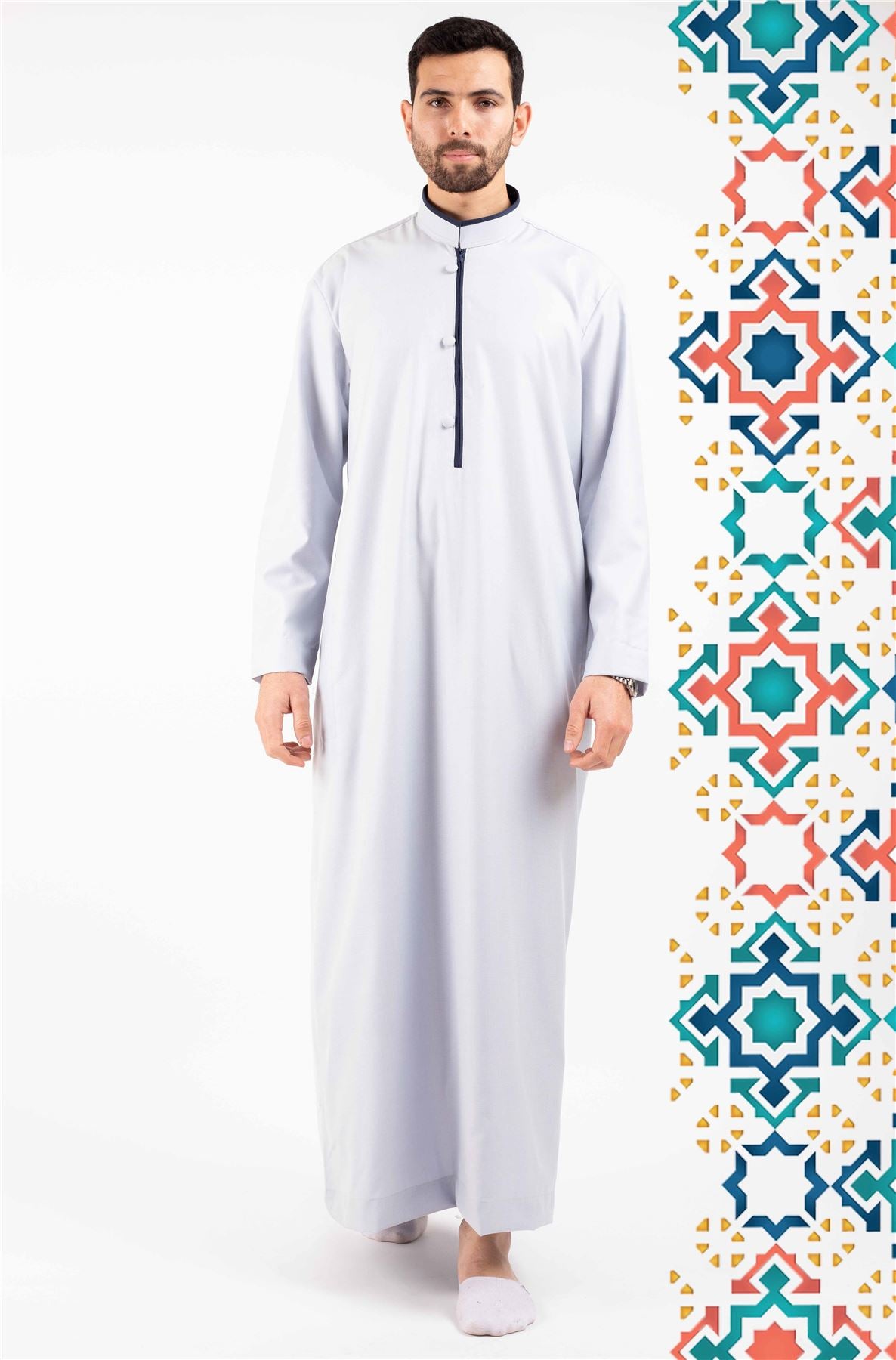Men's Thobe Jubba Islamic Clothing Muslim Kaftan Emirati Omani Stand Collar