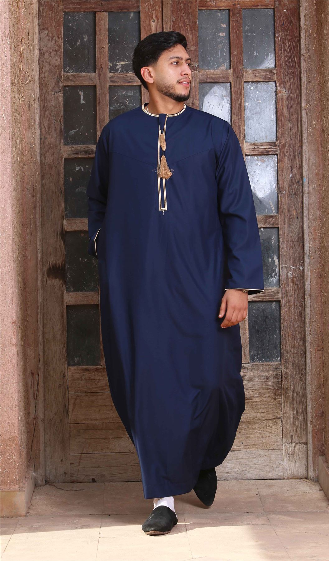 Men's Thobe Emirati Omani Jubba Islamic Clothing Muslim Kaftan Eid Robe Arab Gold Tassel Embroidery