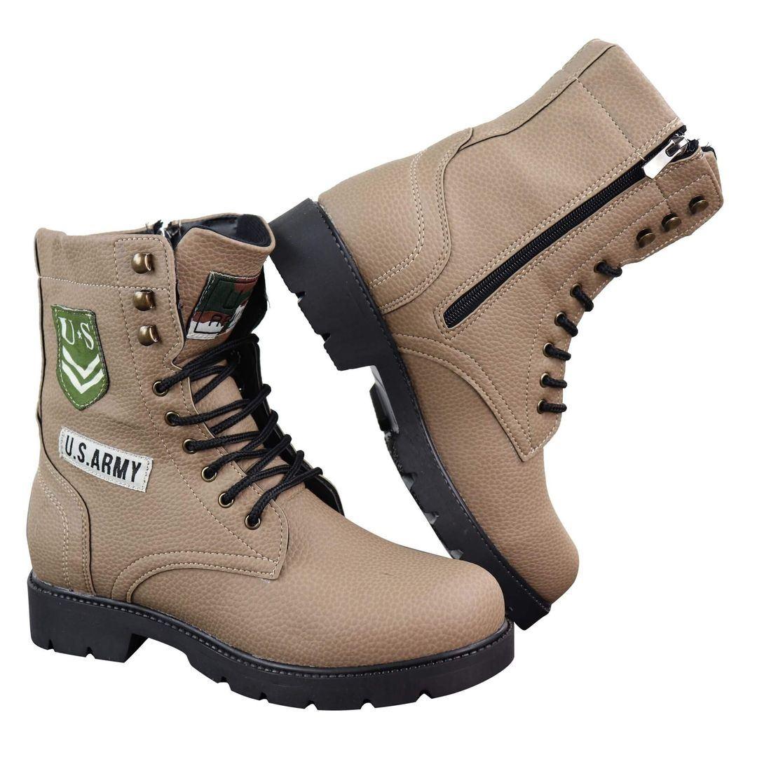 Mens US Military Army Laced Zip Ankle Boots Casual Combat Hiking PU Leather - Knighthood Store