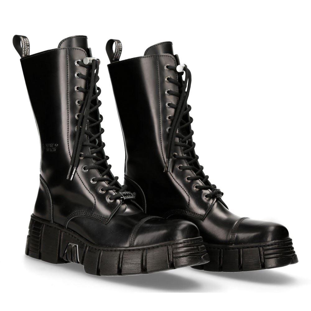 New Rock M-WALL127N-C1 Boots Black Leather Wall Rock Biker Mid-Calf Tower Boots - Knighthood Store