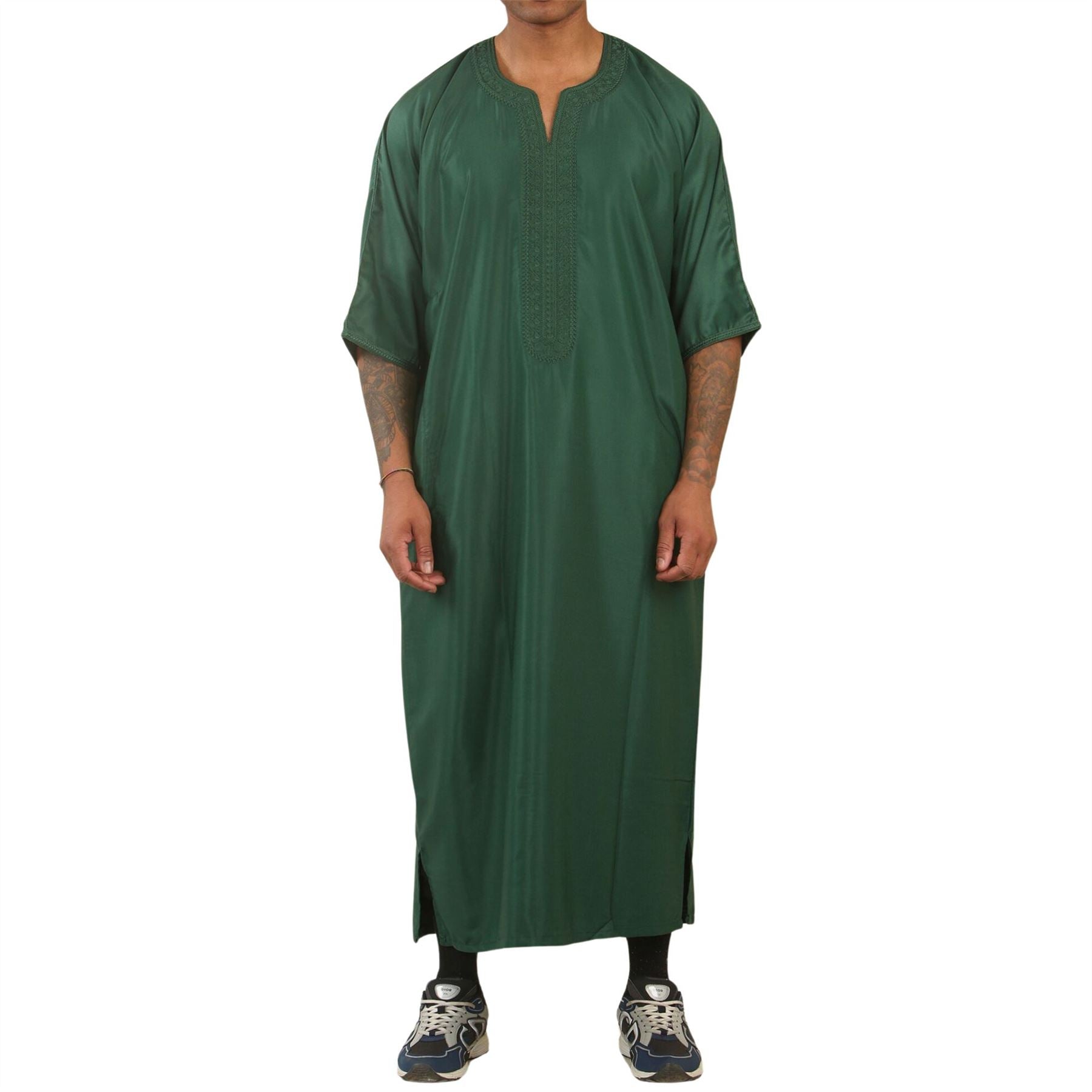 Men's Moroccan Thobe Gandoura Short Sleeve Jubba Kaftan Eid Robe Arab Embroidery