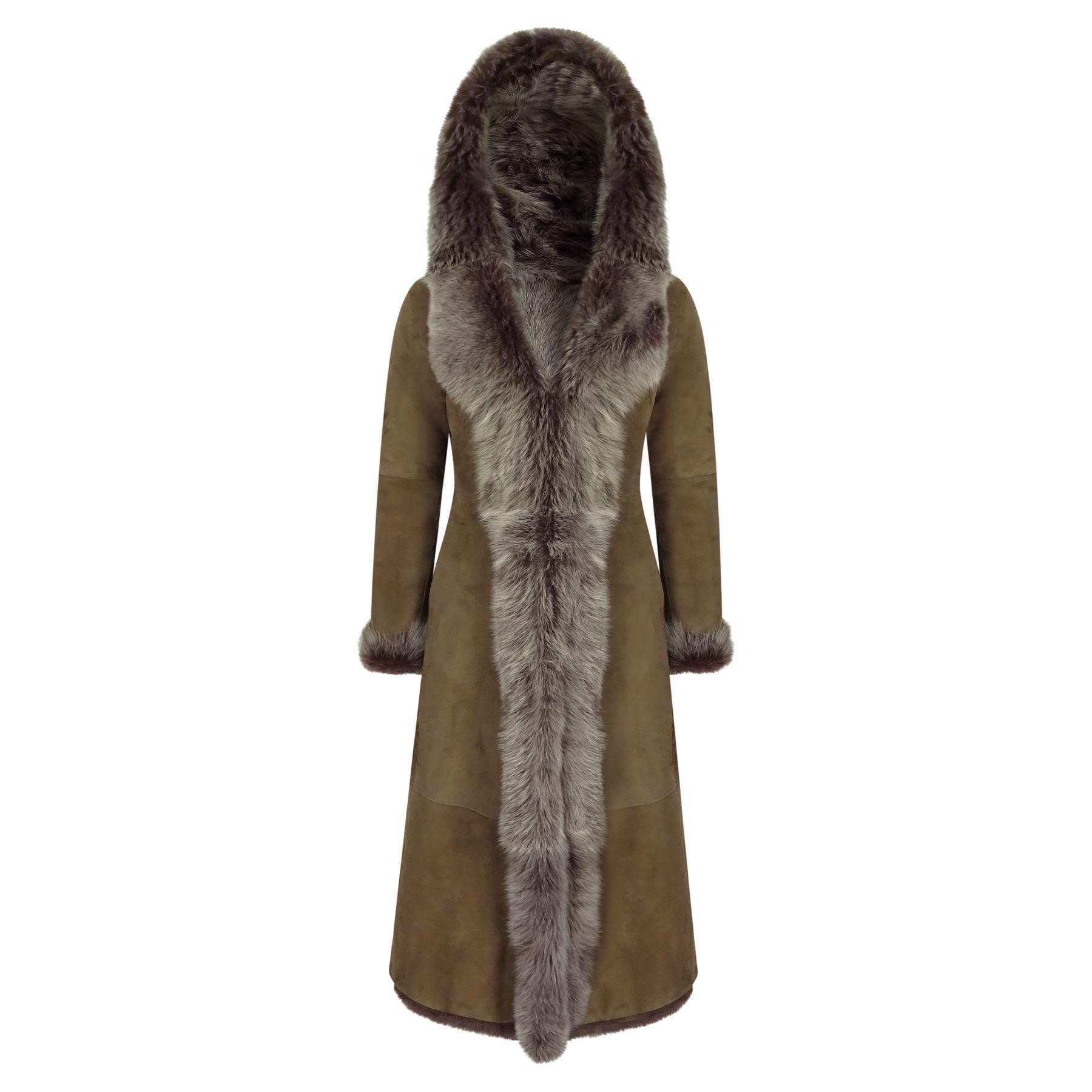Ladies Suede Toscana Full Length Hooded Taupe Sheepskin Leather Trench Coat - Knighthood Store