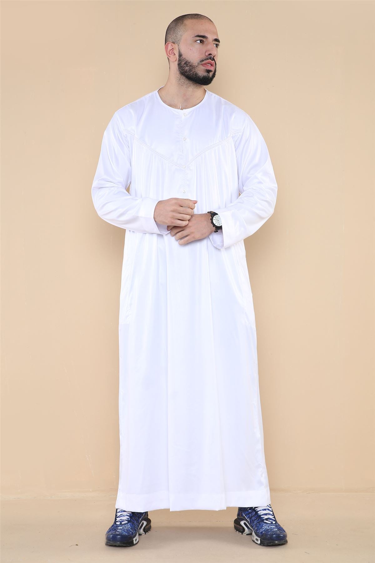 Mens Thobe Jubba Islamic Clothing Muslim Kaftan Emirati Omani Robe Satin Shiny