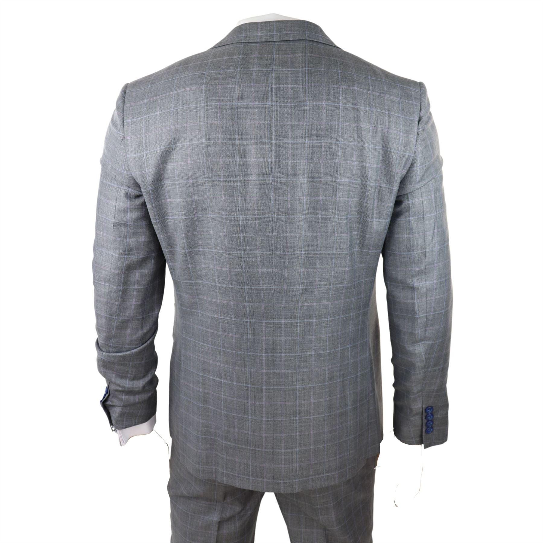 Mens Light Grey 3 Piece Suit Blue Check Double Breast Waistcoat Office Wedding Prom - Knighthood Store
