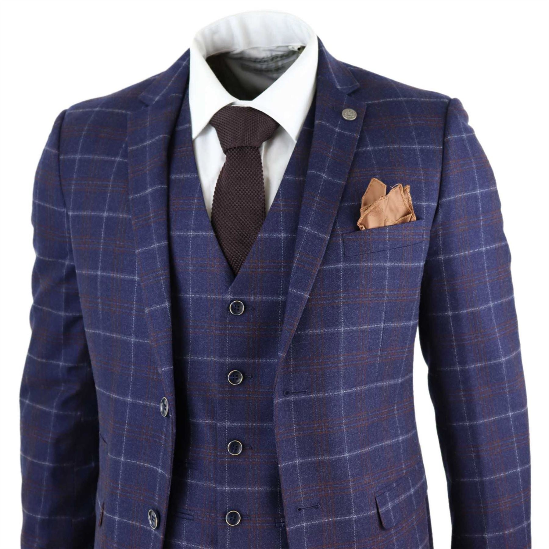 Mens 3 Piece Blue Suit Herringbone Tweed Check Tailored Fit 1920s Wedding Prom