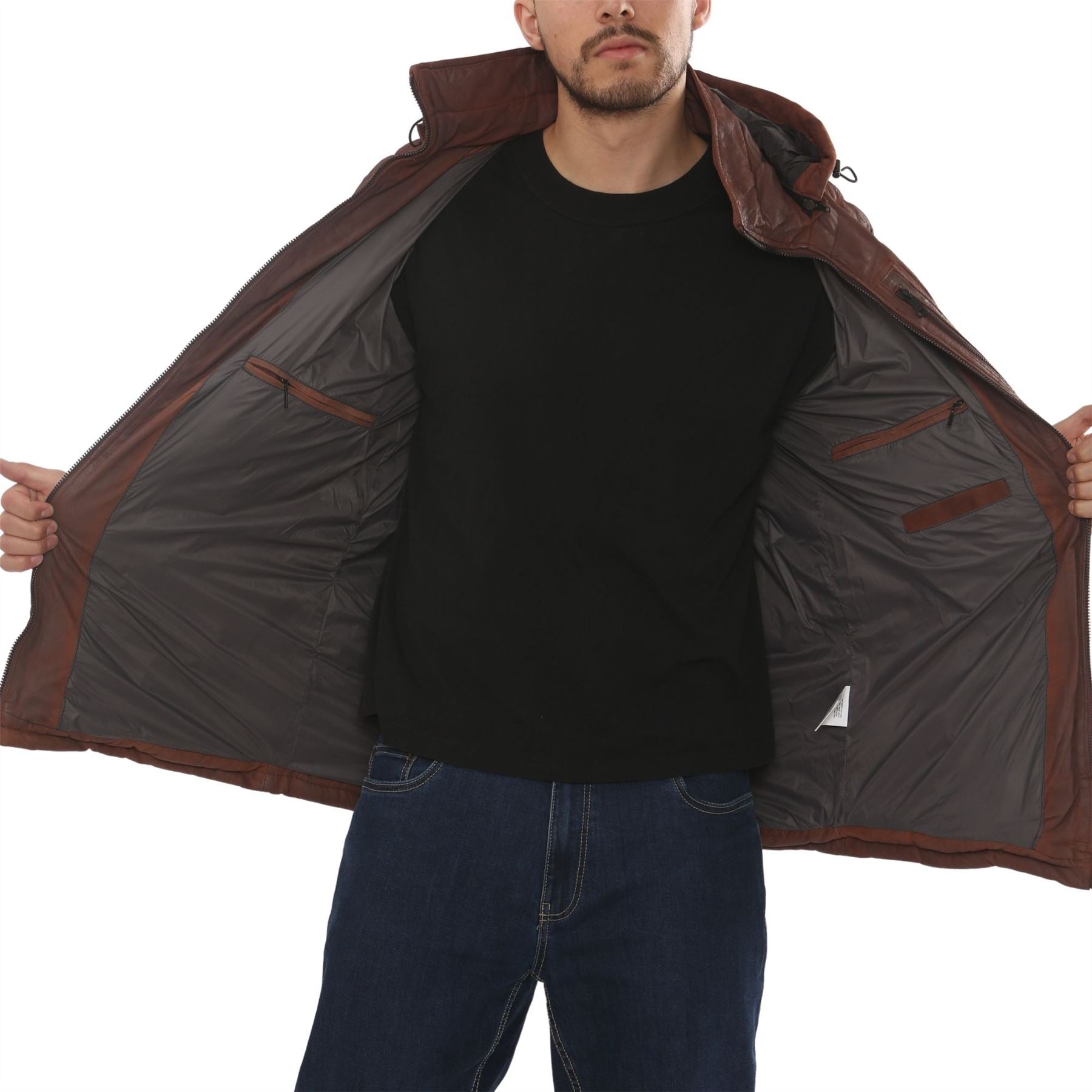 Men's Leather Puffer Jacket Hooded Quilted Winter Coat