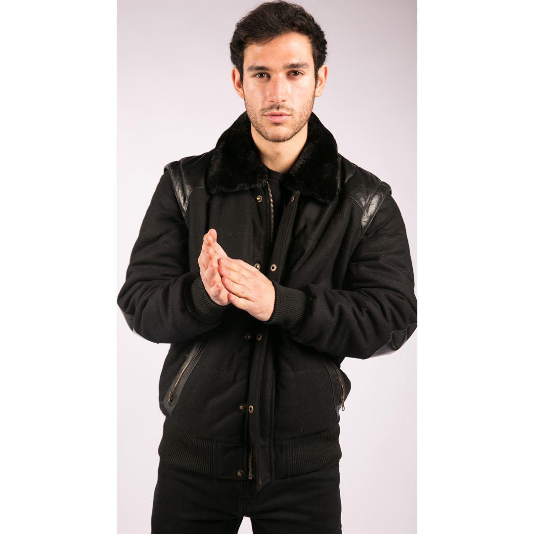 Men's Black Leather Shoulder Patches Bomber Jacket with Removable Sleeves - Knighthood Store