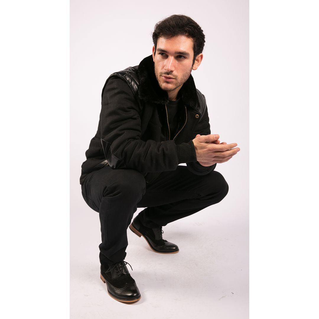 Men's Black Leather Shoulder Patches Bomber Jacket with Removable Sleeves - Knighthood Store