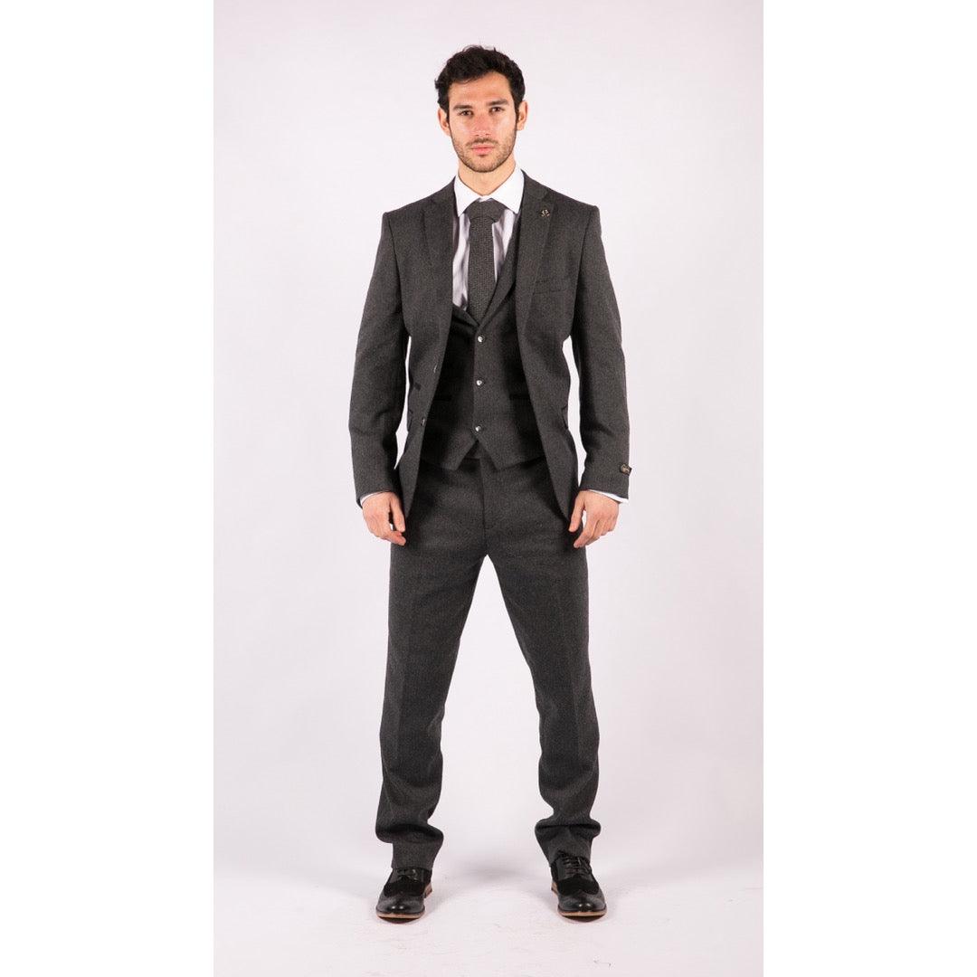 Mens Grey Black 3 Piece Tweed Suit Herringbone Wool Vintage Retro - Knighthood Store