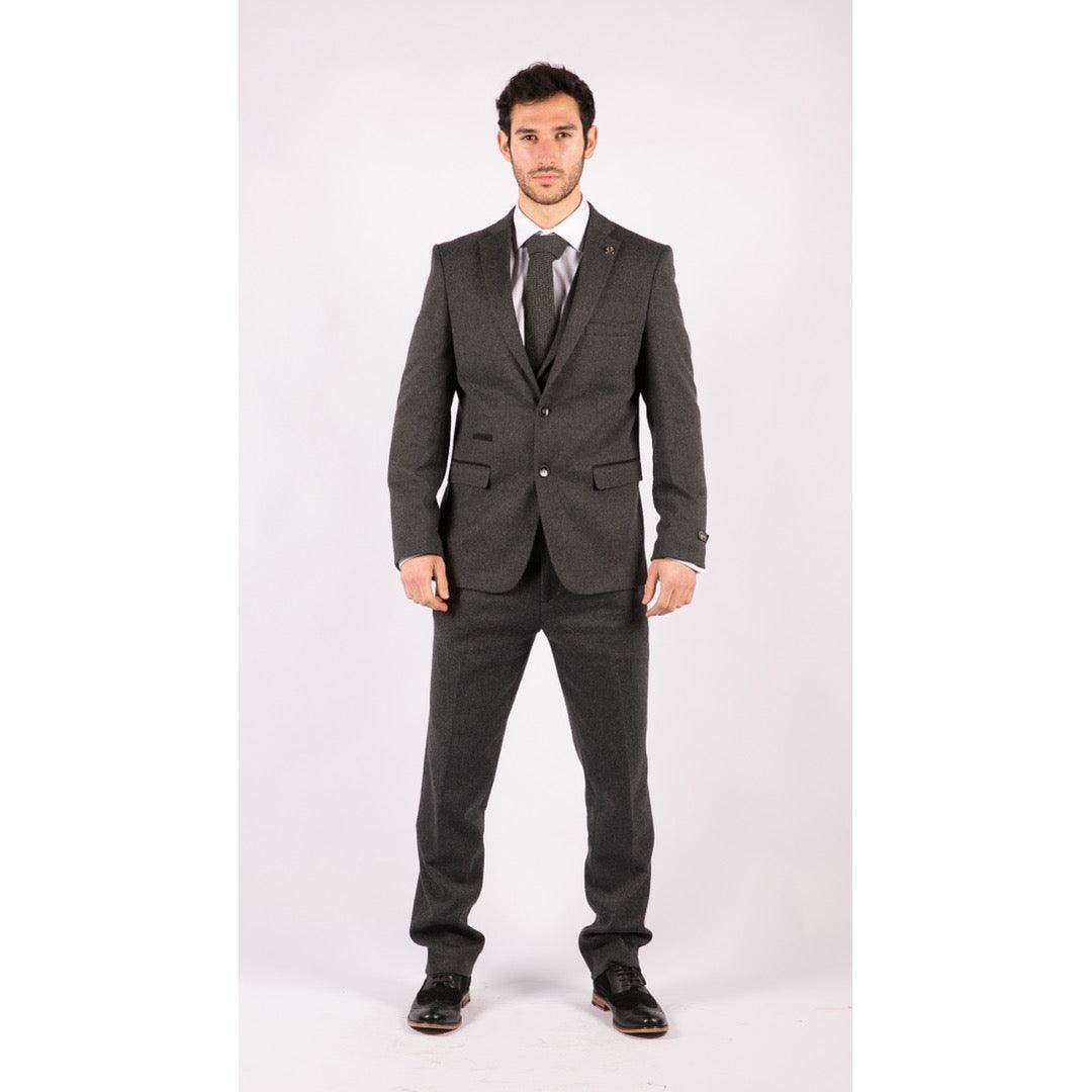 Mens Grey Black 3 Piece Tweed Suit Herringbone Wool Vintage Retro - Knighthood Store