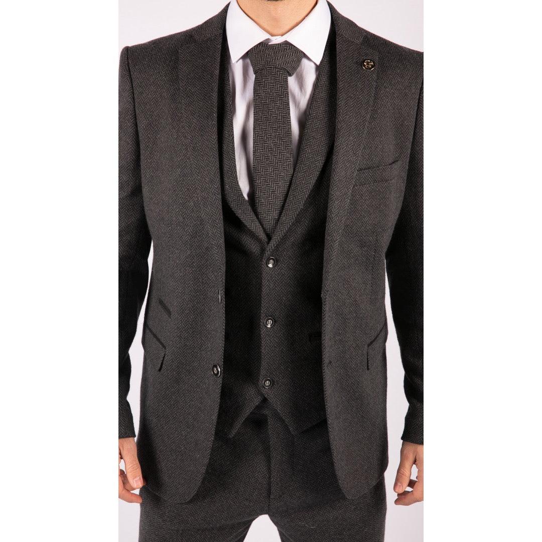 Mens Grey Black 3 Piece Tweed Suit Herringbone Wool Vintage Retro - Knighthood Store