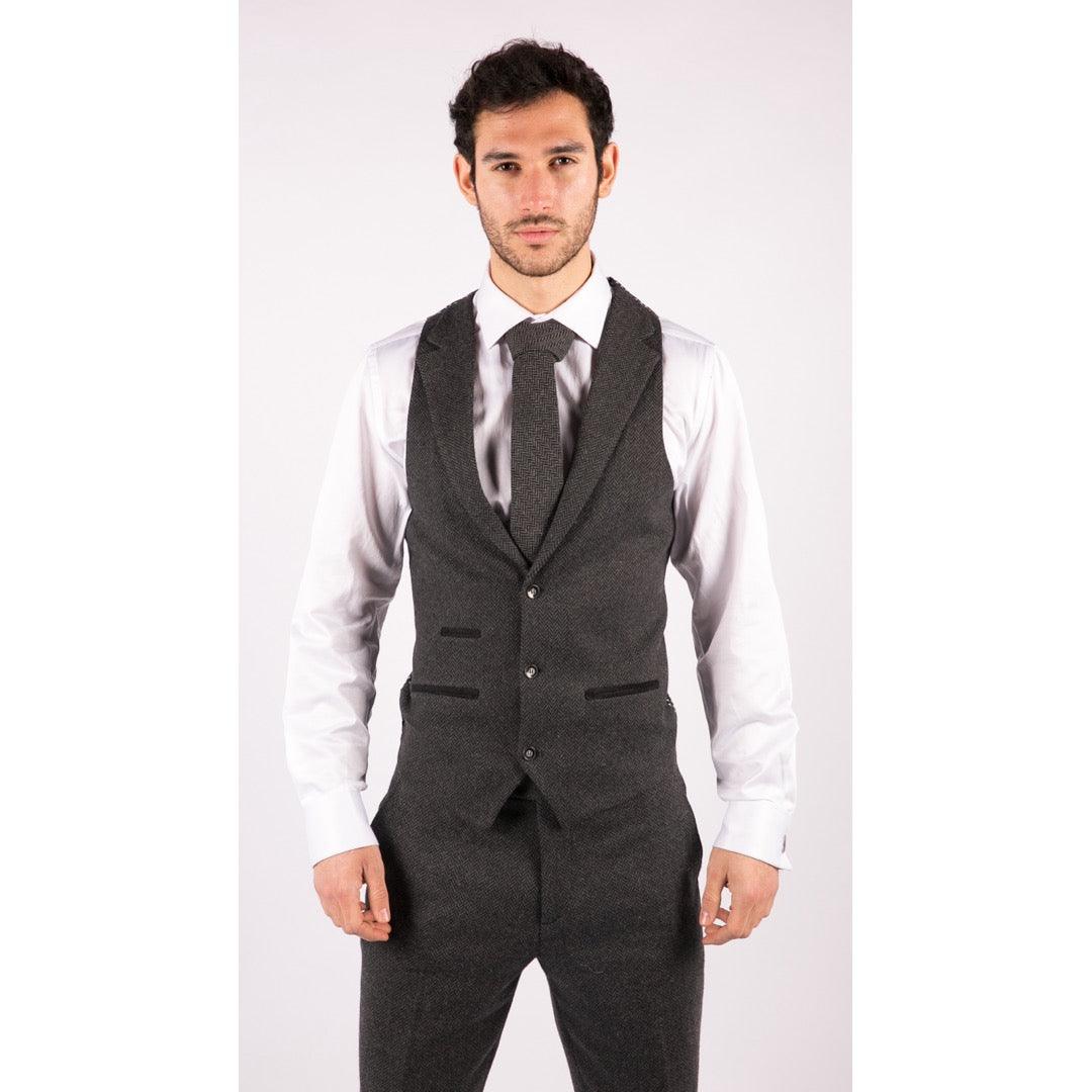 Mens Grey Black 3 Piece Tweed Suit Herringbone Wool Vintage Retro - Knighthood Store